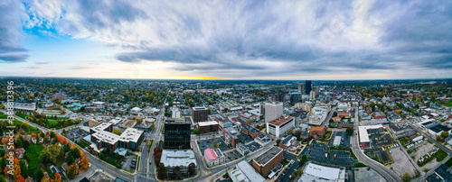 Aerial panorama of dramatic autumn sunset over downtown district of Lexington, Kentucky