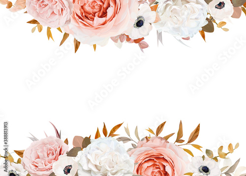 Wedding invite, floral greeting card, banner copy space design. Elegant blush peach, pink Rose flower, ivory white anemone, brown, orange red Eucalyptus leaves bouquet wreath stylish art border, frame