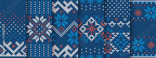 Knit seamless print. Christmas pattern. Vector. Blue knitted sweater texture. Xmas winter geometric background. Set holiday fair isle traditional ornaments. Festive crochet. Wool pullover illustration