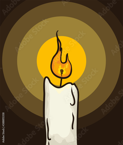 Lighted Candle in Cartoon Style over Dark Background, Vector Illustration