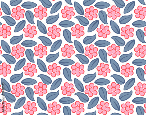 Seamless retro pattern with pink flowers and grey leaves.