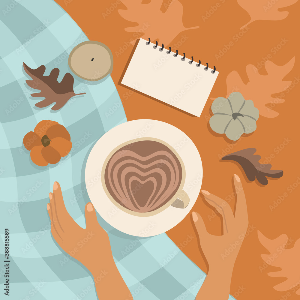 vector illustration autumn still life, flat lay with coffee, female hands, pumpkins, leaves and notepad