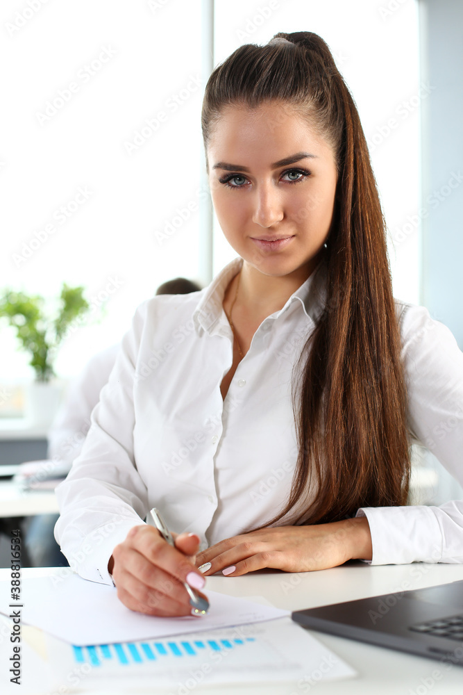 Beautiful smiling girl at workplace look in camera portrait. White collar dress code worker at workspace job offer modern office lifestyle client visit study profession boss market idea coach train Beautiful smiling girl at workplace look in camera portrait. White collar dress code worker at workspace job offer modern office lifestyle client visit study profession boss market idea coach train