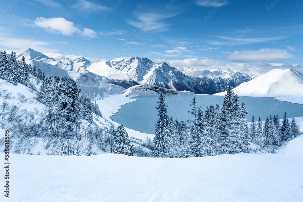 Winter landscape of mountains and lake 