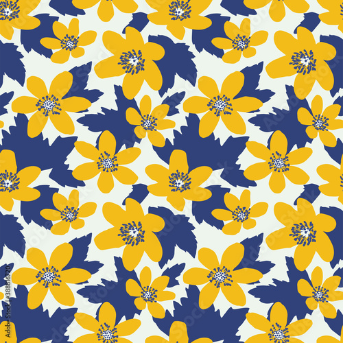 Seamless pattern in Scandinavian style with flowers and leaves. Background with anemone and leaves.