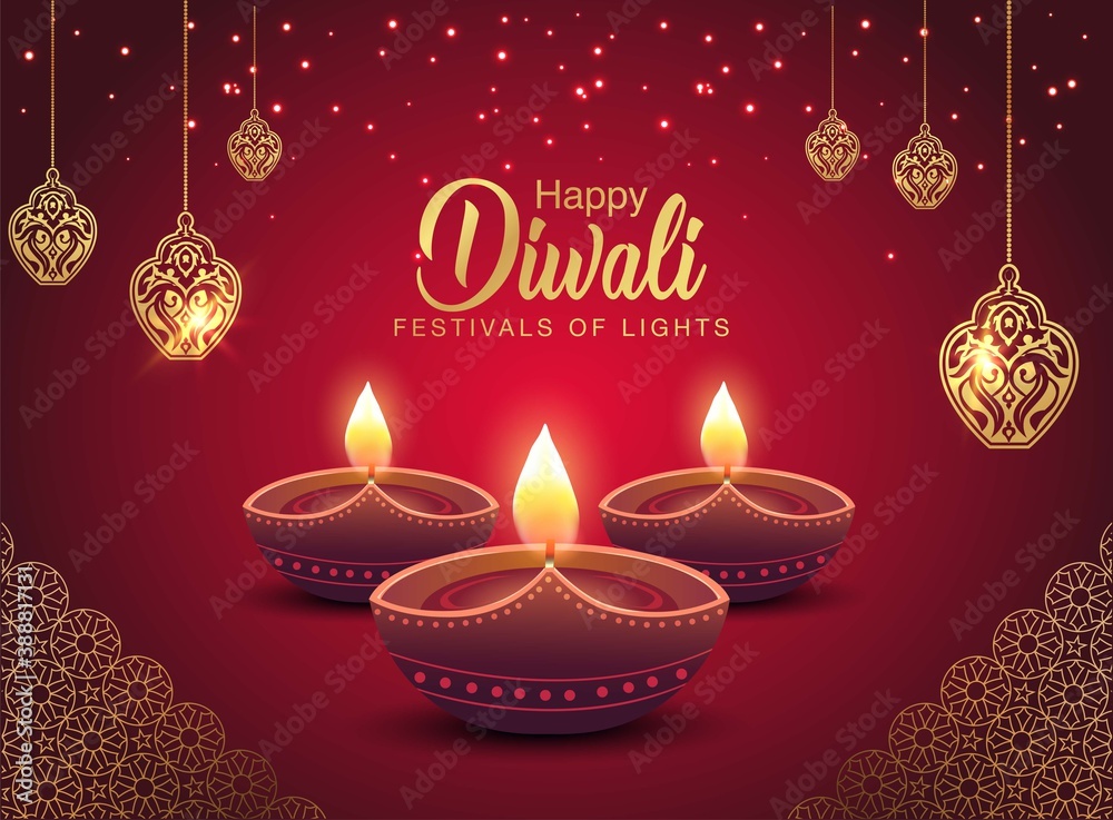 Happy Diwali celebration background. front view of banner design decorated with illuminated oil lamps on patterned red background. vector illustration