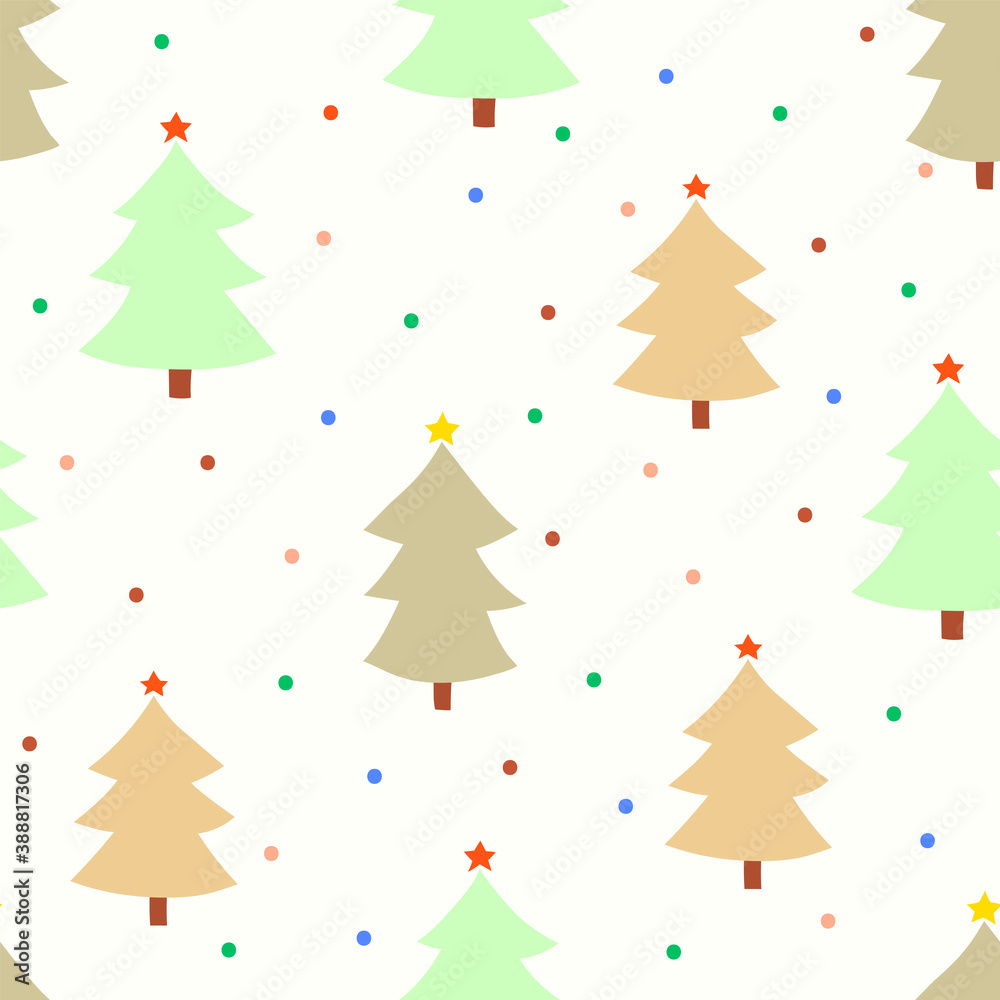 Vector winter decorative forest seamless pattern. Christmas tree  and star on  the pink background. Simple and stylish Scandinavian repeat texture.