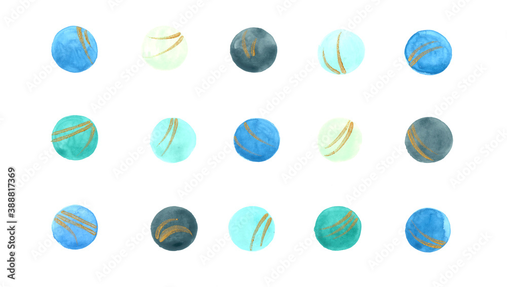 Gold design in circle with blue, dark blue, and green on white background