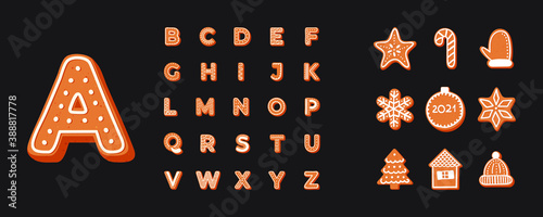 Christmas gingerbread cookies in the form of letters of the Latin alphabet. 26 letters and 9 figures gingerbread. Set of vector stock illustrations isolated on black background