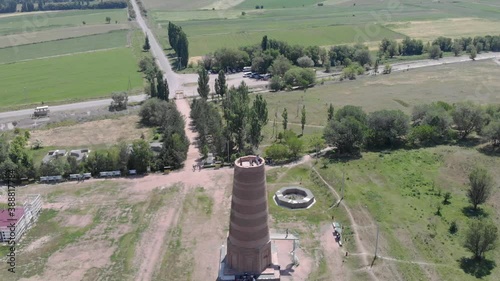 Drone video of Burana tower. One of the first known minarets ( 9th centry ) in Central Asia in Tokmok, Kyrgyzstan. photo