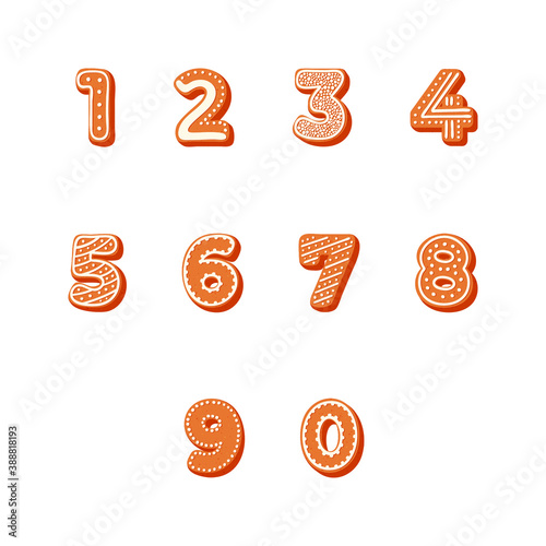 Traditional Christmas gingerbread cookies in the shape of numbers. Set of digits 1, 2, 3, 4, 5, 6, 7, 8, 9, 0. Vector stock flat illustration isolated on a white background