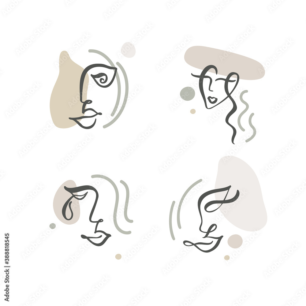 Continuous line, abstract drawing of set faces and hairstyle, fashion concept, woman beauty minimalist, vector illustration for t-shirt, slogan design print graphics style