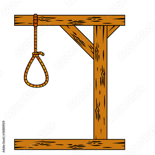 Gallows. Wooden structure for execution. Cartoon illustration. Medieval justice. Place of death. Murder and punishment. Rope with a noose