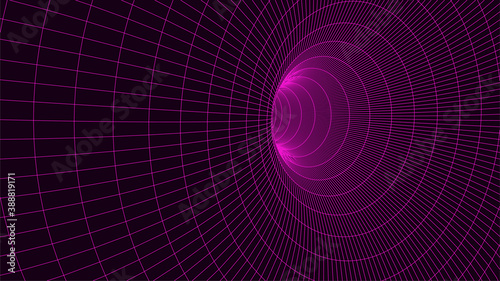 Technology wireframe tunnel on black background. Futuristic 3D vector grid.