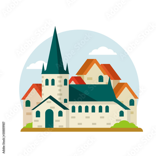 Estonian Tourist Attraction In Tallinn. St. Olaf Church. Old historical European city. Christian temple. White tower. Element of medieval town with house and red roof.