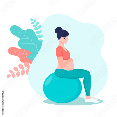 Pregnant girl in a sports suit with a fitball. The concept of a healthy pregnancy and sports. Cartoon vector flat style illustration for web site or mobile application.