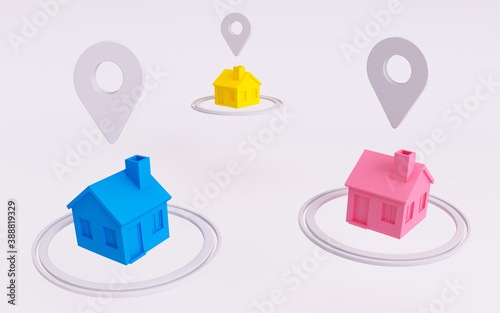 Colorful houses and location themed 3d illustration. real estate and housing themed 3d render with gps pointer.