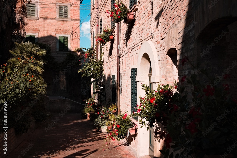 An alley of a medieval Italian village with brick houses, plants and flowers (Corinaldo, Marche, Italy)