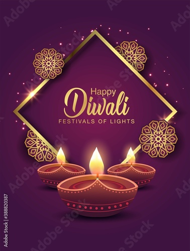  Happy Diwali celebration background. front view of banner design decorated with illuminated oil lamps on patterned stylish background. vector illustration