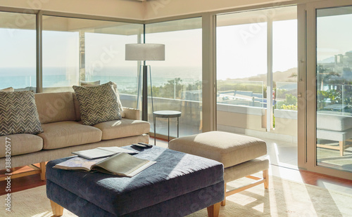 Sunny home showcase interior living room with ocean view photo