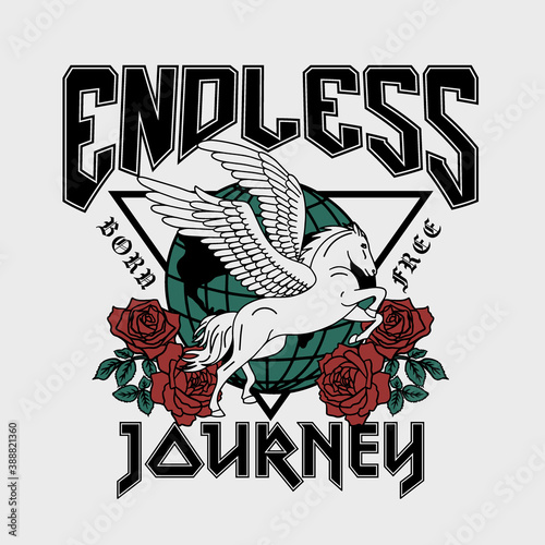 Pegasus with Globe and Roses Vector Artwork on White Background for Apparel and Other Uses