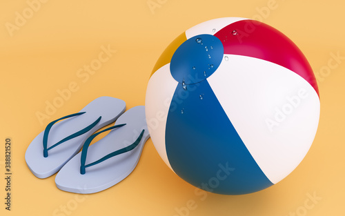Beach ball and beach slippers 3d render illustration on yellow backround. Summer holiday concept.