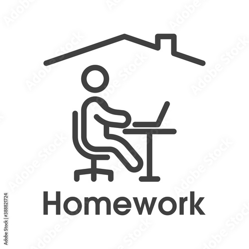 Homework icon. Simple linear image of a man sitting at a table with a laptop under the roof of a house. Isolated vector on white background.