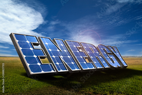 Energy solar panels in sunny rural field