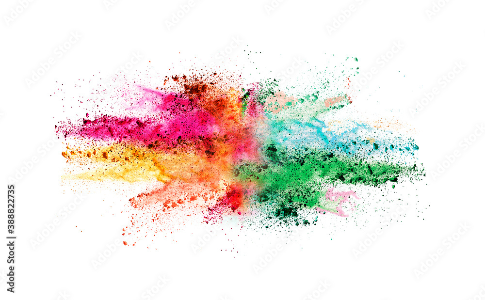 Colorful powder explosion on white background. Colored cloud. Colorful dust explode.