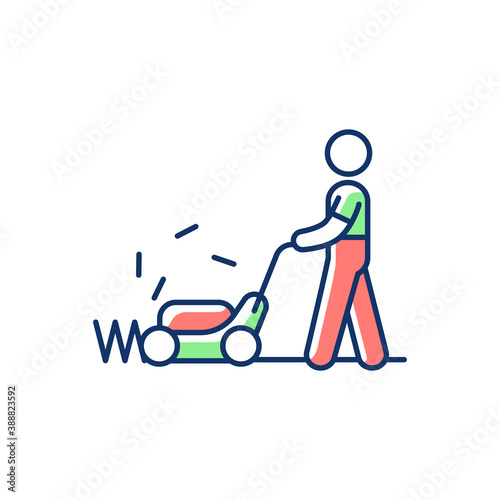 Lawn mower RGB color icon. Groundskeeper. Grass cutter. Landscape maintenance. Cutting grass. Trimming hedges. Clearing leaves and snow. Lawnmower. Gardener. Isolated vector illustration