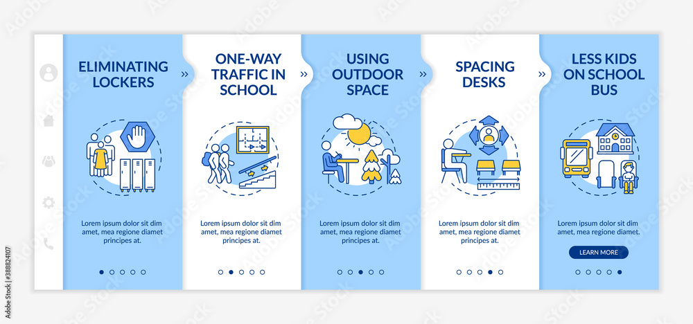 Covid school safety guidelines onboarding vector template. One-way traffic. Spacing desks. Responsive mobile website with icons. Webpage walkthrough step screens. RGB color concept