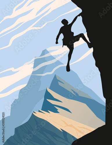 Silhouette Man climbing on a cliff. Bouldering sport. Colourful landscape with mountains. Vector illustration with hills and clouds. Vector horizontal background. Landscape view. 