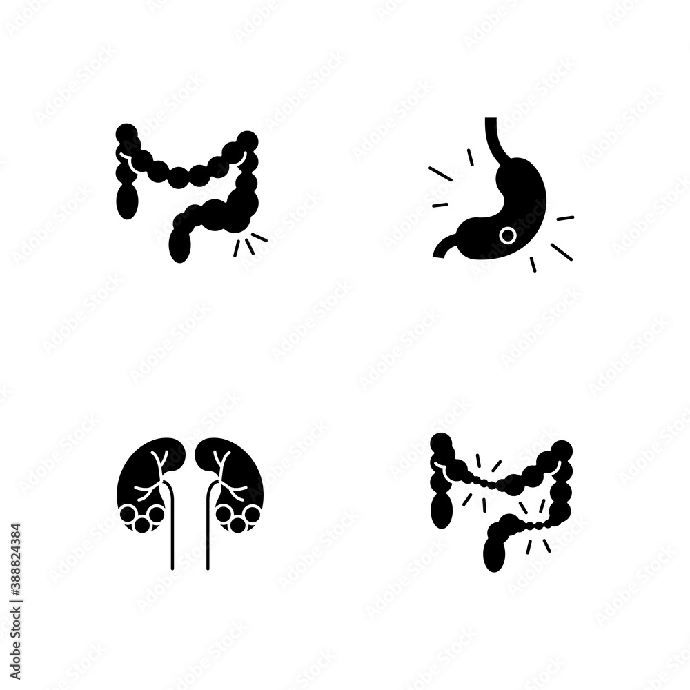 Abdominal pain black glyph icons set on white space. Constipation. Gastritis. Kidney stones. Irritable bowel syndrome. Urolithiasis. Stomach ulcer. Silhouette symbols. Vector isolated illustration Abdominal pain black glyph icons set on white space. Constipation. Gastritis. Kidney stones. Irritable bowel syndrome. Urolithiasis. Stomach ulcer. Silhouette symbols. Vector isolated illustration
