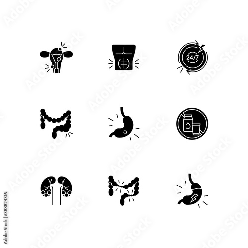 Abdominal pain black glyph icons set on white space. Endometriosis. Abdominal muscle strain. Constipation. Gastritis. Long-term inflammation. Silhouette symbols. Vector isolated illustration