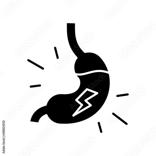 Indigestion black glyph icon. Dyspepsia. Upset stomach. Burning sensation in belly. Discomfort in upper abdomen. Heartburn. Silhouette symbol on white space. Vector isolated illustration