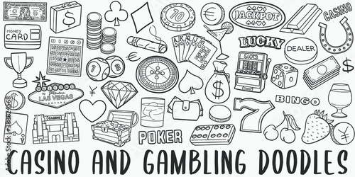 Cansino and Gambling doodle icon set. Game Vector illustration collection. Banner Hand drawn Line art style.