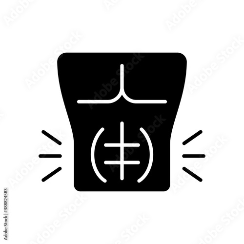Abdominal muscle strain black glyph icon. Full rupture. Mild stretch. Pulled stomach muscle. Tear. Injury. Strengthening exercises. Silhouette symbol on white space. Vector isolated illustration