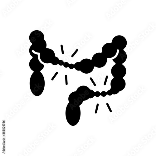 Irritable bowel syndrome black glyph icon. Large intestine. Cramping. Abdominal pain. IBS. Chronic condition. Digestive system. Silhouette symbol on white space. Vector isolated illustration