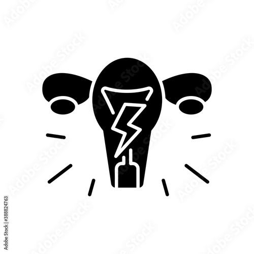 Menstrual cramps black glyph icon. Dysmenorrhea. Throbbing, aching pain. Lower belly. Dull, continuous ache. Menstruation symptom. Silhouette symbol on white space. Vector isolated illustration
