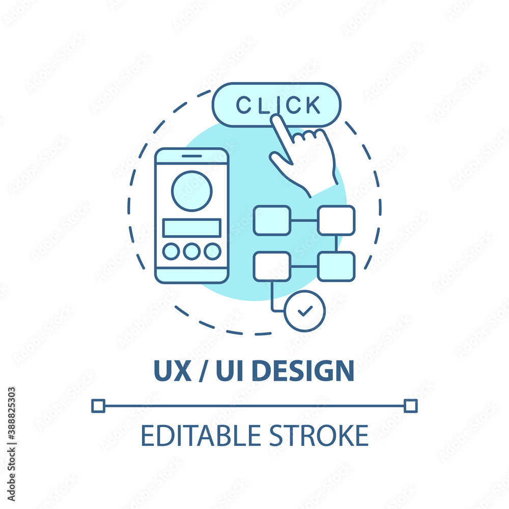 UX and UI design concept icon. Careers in IT for creative thinkers. Creating easy to use website for users idea thin line illustration. Vector isolated outline RGB color drawing. Editable stroke UX and UI design concept icon. Careers in IT for creative thinkers. Creating easy to use website for users idea thin line illustration. Vector isolated outline RGB color drawing. Editable stroke