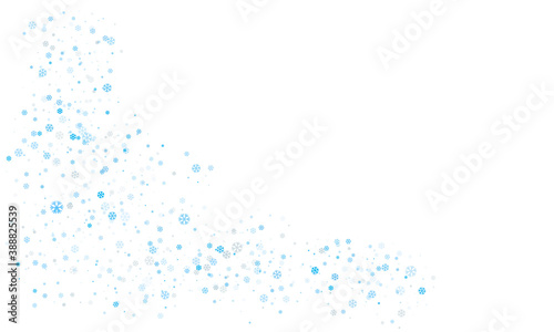 Snowflakes of different sizes and different transparency are randomly scattered over a transparent background. Winter vector background, pattern, design.