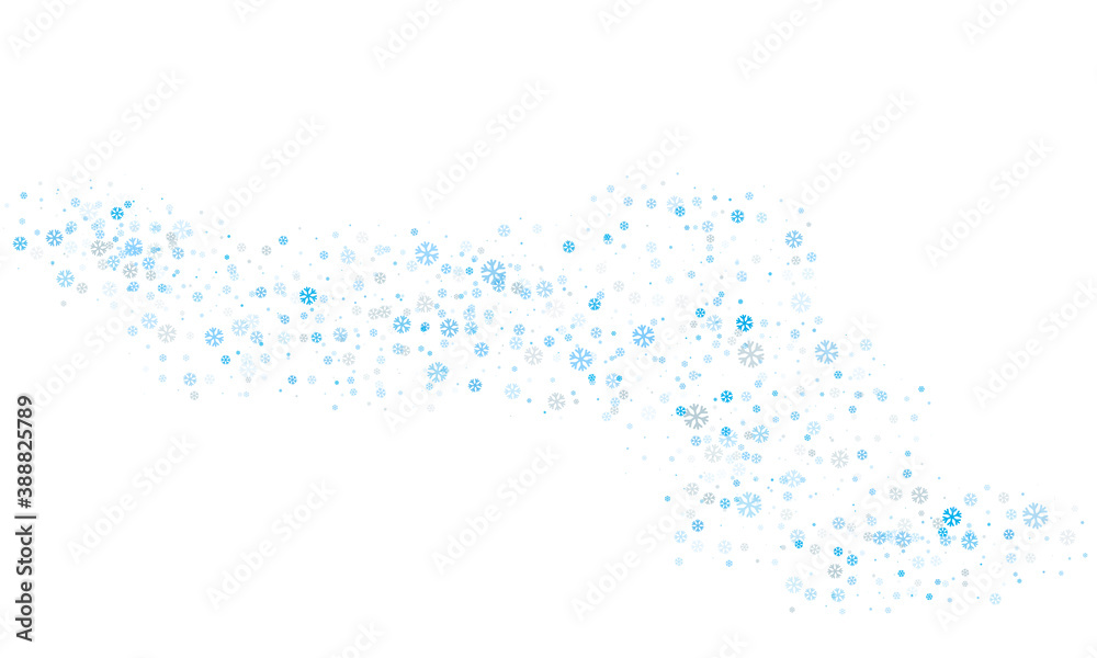 Snowflakes of different sizes and different transparency are randomly scattered over a transparent background. Winter vector background, pattern, design.