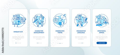 Creative writing elements onboarding mobile app page screen with concepts. Character development process walkthrough 5 steps graphic instructions. UI vector template with RGB color illustrations