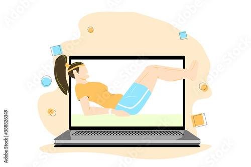 Online sport and fitness coronavirus isolation online trainer. Woman showing how to do exercises. Fitness trainer online concept cartoon vector illustration. 