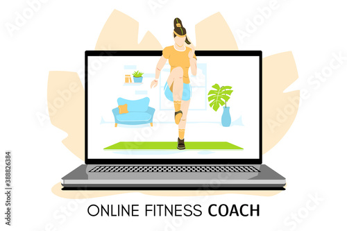 Online sport and fitness coronavirus isolation online trainer. Woman showing how to do exercises. Fitness trainer online concept cartoon vector illustration. 