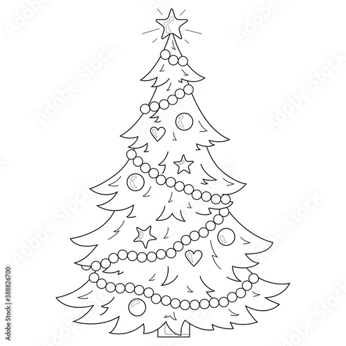 Christmas tree with decorations. Christmas. New Year.Coloring book antistress for children and adults. Illustration isolated on white background.Zen-tangle style.