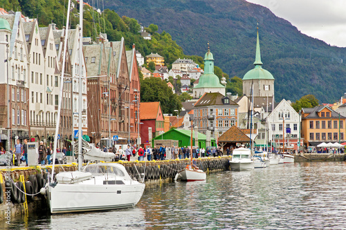 Boats and historic half-timbered buildings along the Bryggen (wharf)  in  Bergen, Norway