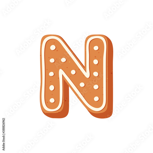 The letter "N" of the Latin alphabet. Christmas ginger sponge cookies in the shape of a letter, decorated with icing sugar or icing. Vector stock illustration isolated on a white background.