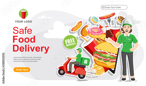 Safe food delivery order, Food delivery service ,Scooter delivery service , Vector illustration