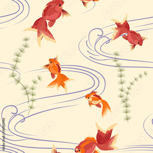 Seamless pattern with golden fish. Koi.  Wallpaper.